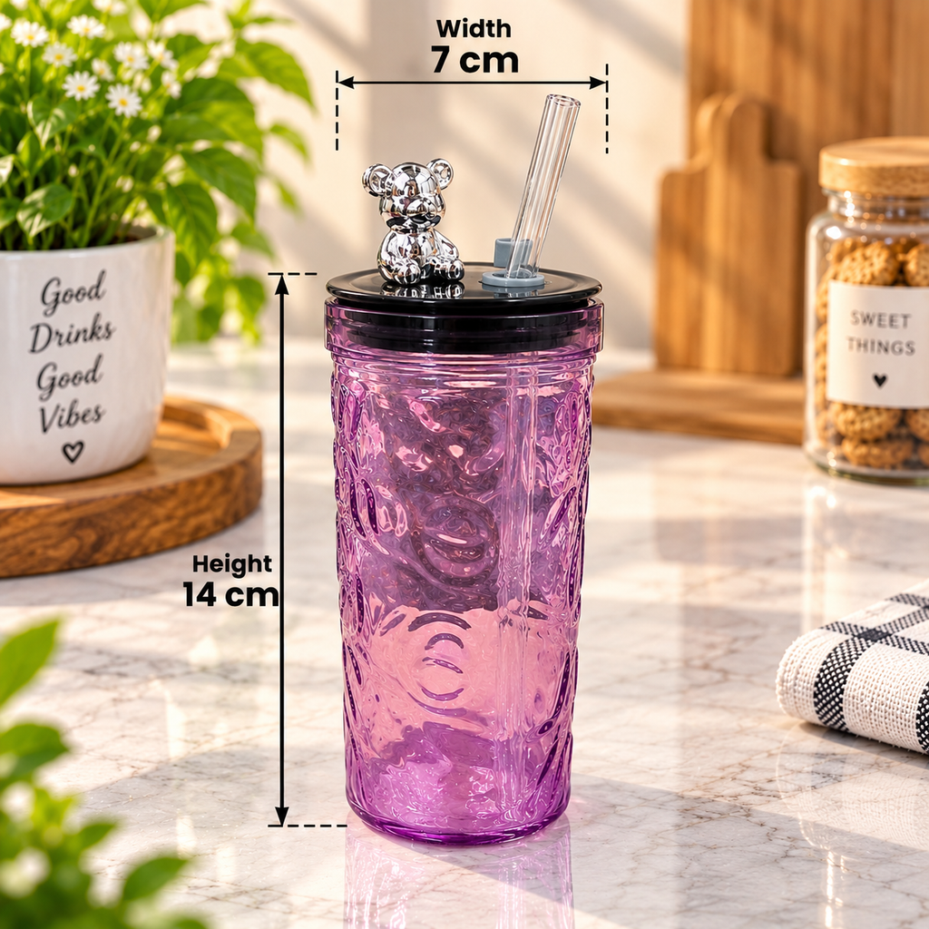 Diamond Glass Purple Pack of 1 | Stylish Textured Glass Tumbler with Lid & Straw | Premium Drinking Cup for Juice, Water, Cold Coffee, Milkshake & Mocktails | Reusable Glass Cup