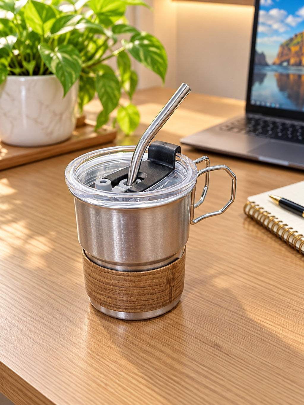 Steel Coffee Cup with Handle, Stainless Steel Coffee Mug with Lid & Straw | Reusable Hot & Cold Beverage Cup for Coffee, Tea, Milk, Juice, Office, Home & Travel