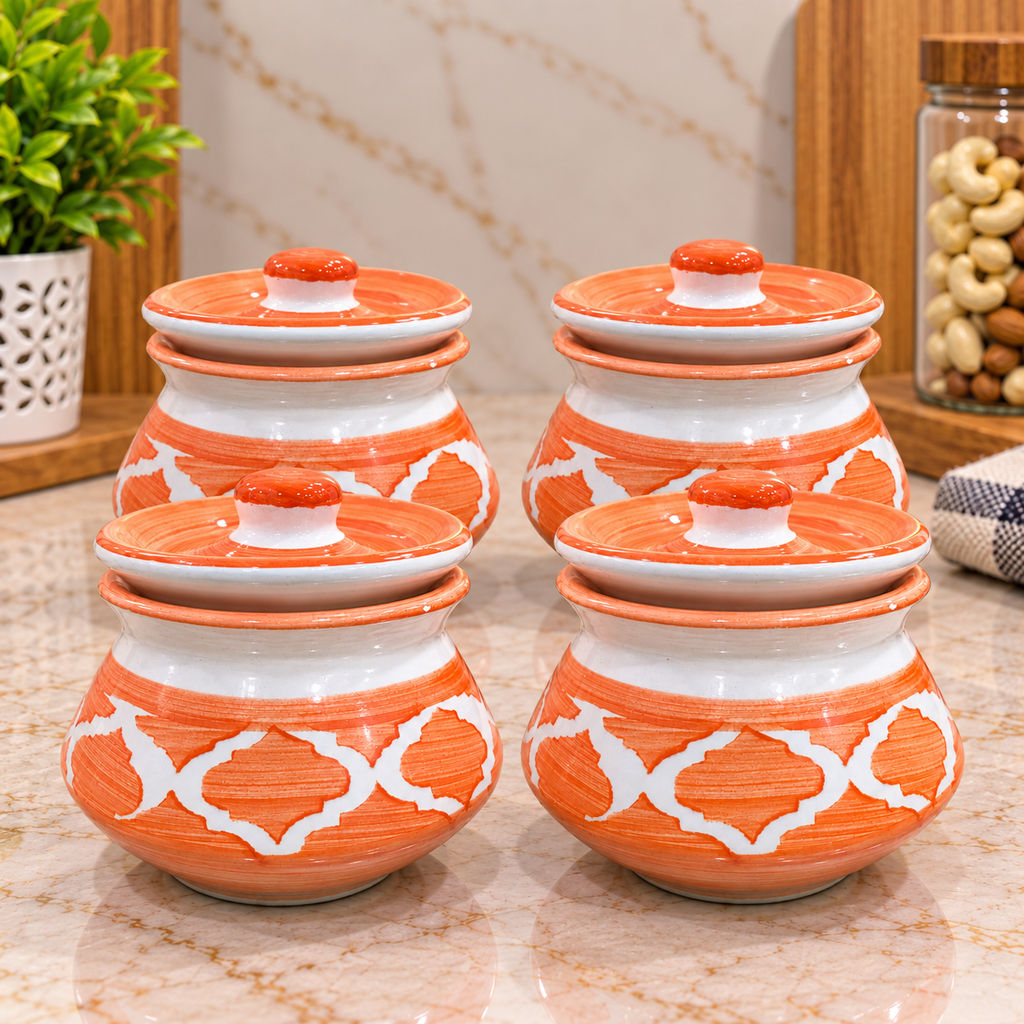 Barniwala 150 ML Ceramic Fancy Handi Storage Jar with Lid, Pack of 4 | Decorative Mini Kitchen Container for Pickle, Achar, Spices, Sugar, Tea, Coffee & Dry Fruits | Traditional Ceramic Food Storage Canister