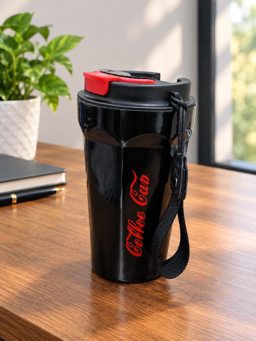 Barniwala Coffee Cup with Sipper Lid & Carry Strap, 1 Pc | Reusable Travel Coffee Mug | Portable Drinking Cup for Coffee, Tea, Cold Drinks & Beverages | Black