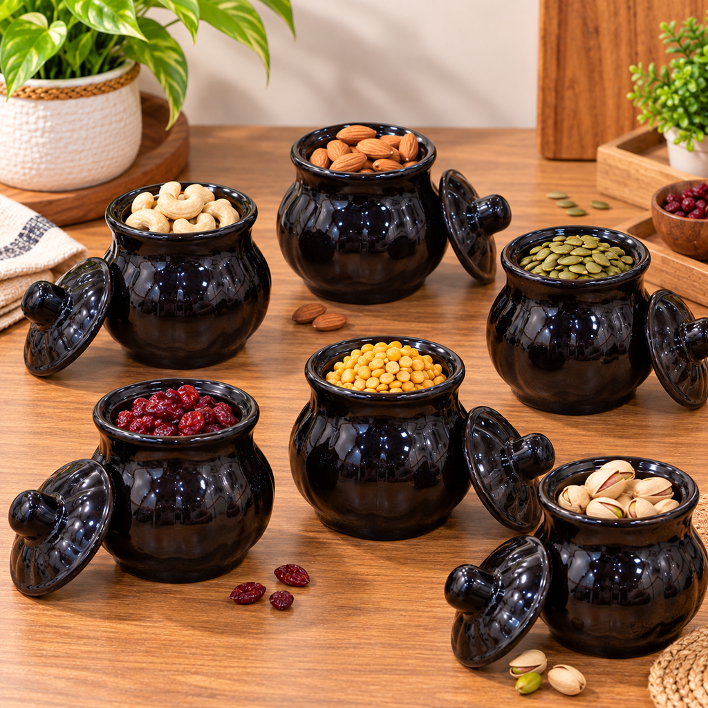 Barniwala 200 ML Ceramic Black Tamatar Loota Storage Jars with Lid | Pack of 6 | Premium Kitchen Containers for Pickle, Achar, Spices, Sugar, Tea, Coffee, Dry Fruits & Snacks | Stylish Pantry Organizer