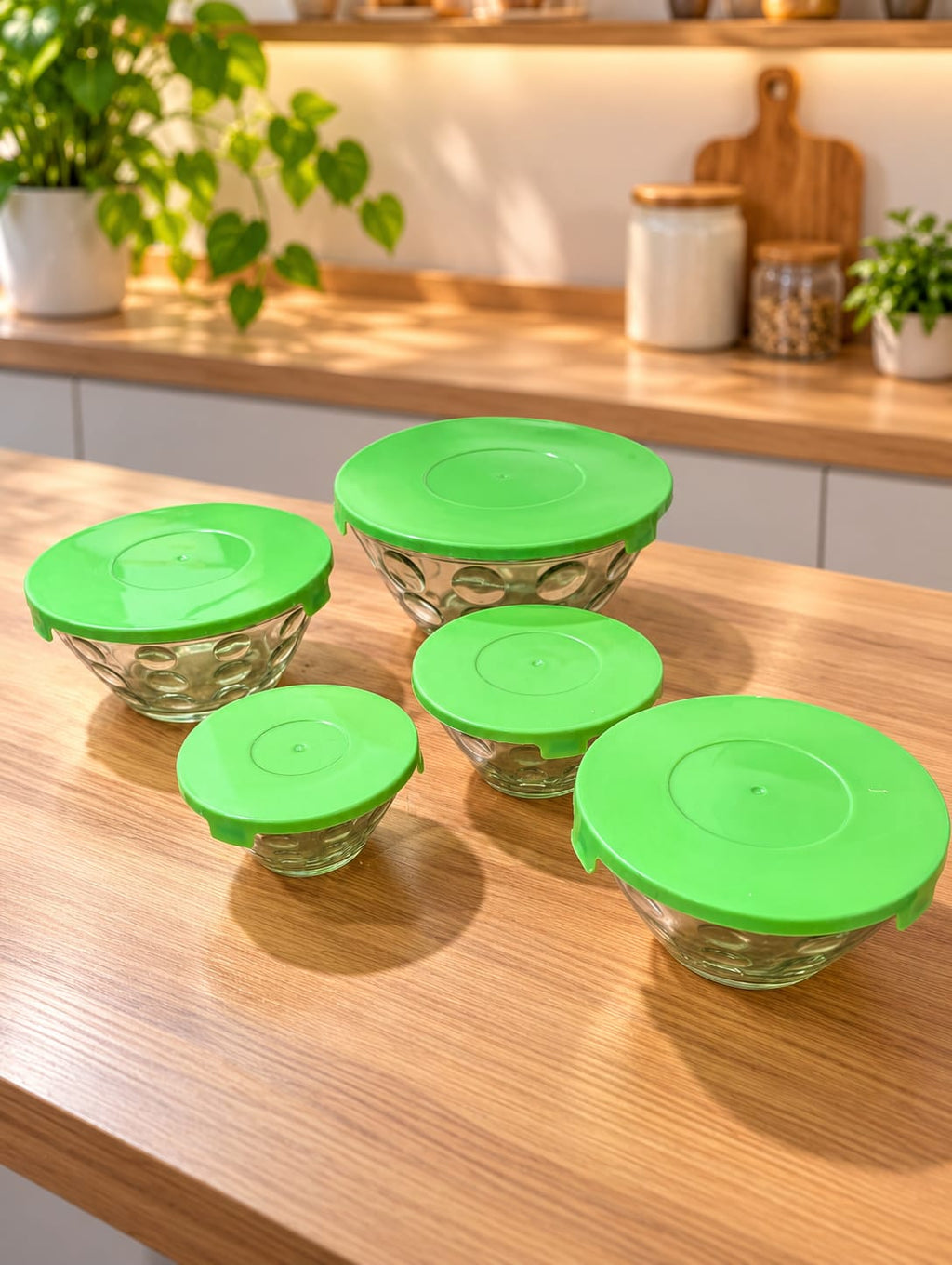 Polka Dot Pattern Glass Bowl Set Of 5 | Decorative Glass Serving Bowls with Green Base | Kitchen, Dining & Dessert Serving Bowls