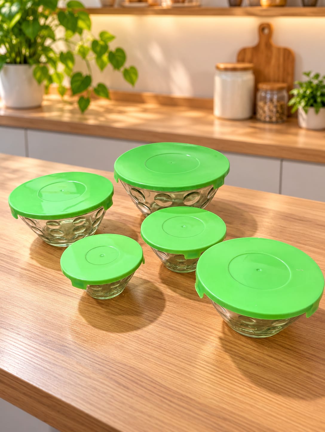 Polka Dot Pattern Glass Bowl Set Of 5 | Decorative Glass Serving Bowls with Green Base | Kitchen, Dining & Dessert Serving Bowls