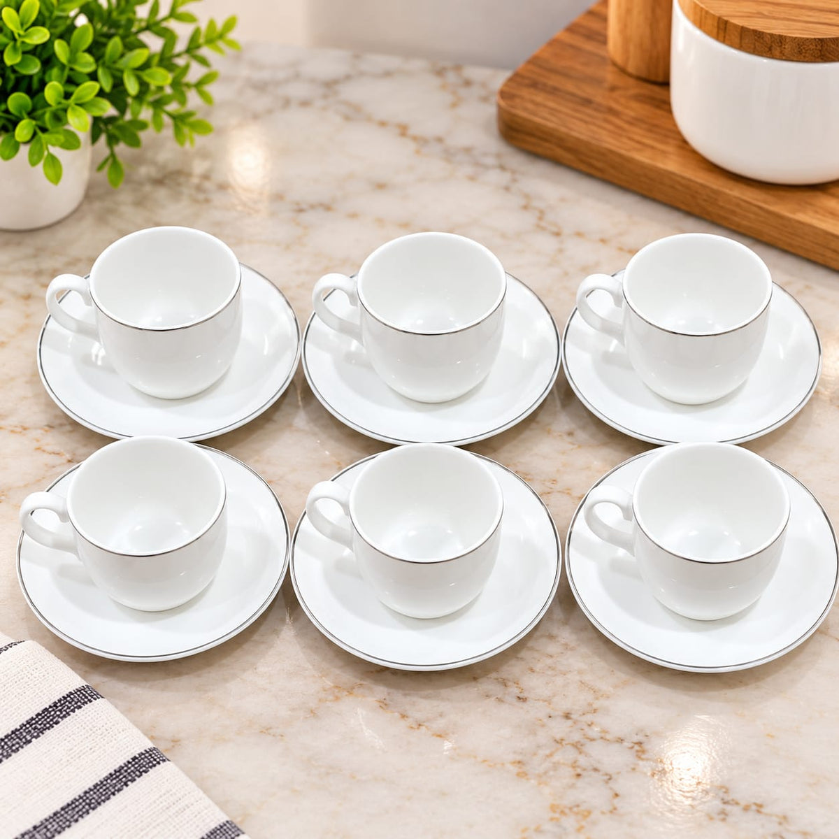 White Ceramic Tea Cup & Saucer Set of 6 | Elegant Coffee Cups with Matching Saucers | Premium Tableware Set for Tea, Coffee, Cappuccino & Hot Beverages