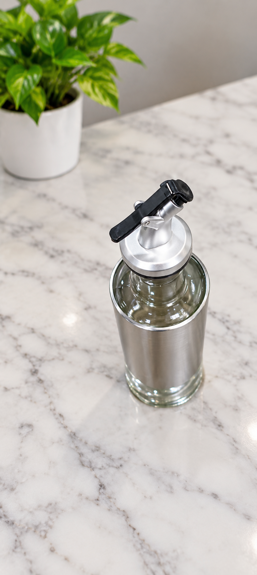 Oil and Vinegar Bottle with Easy Press Pourer, Stainless Steel & Clear Glass Oil Dispenser | Cooking Oil, Vinegar, Sauce & Dressing Bottle for Kitchen, Dining Table & Restaurant