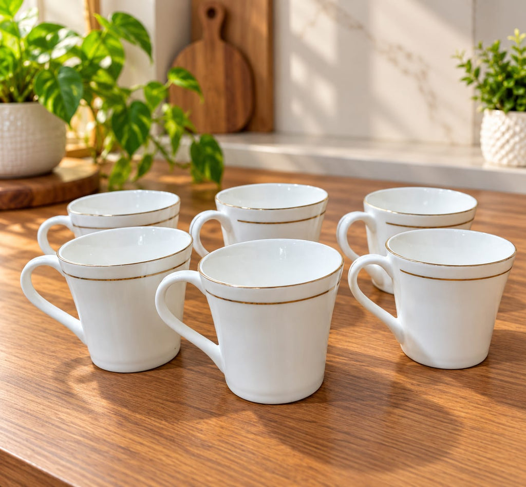 BHARTA Pari Small Cup Set of 6 | 180 ML Tea & Coffee Cups with Elegant Gold Line | Stylish Beverage Cups for Home, Office & Dining