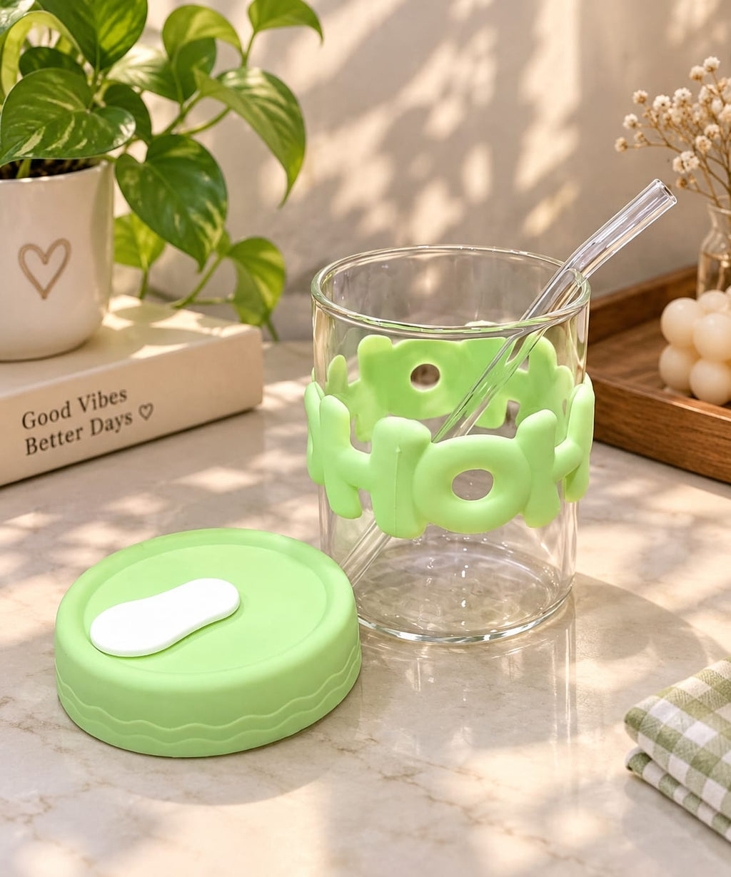HOHO Glass Sipper with Straw & Lid, Cute Green Cartoon Design Glass Tumbler | Reusable Drinking Cup for Water, Juice, Lemonade, Cold Coffee & Smoothies | Stylish Drinkware for Home, Office & Travel
