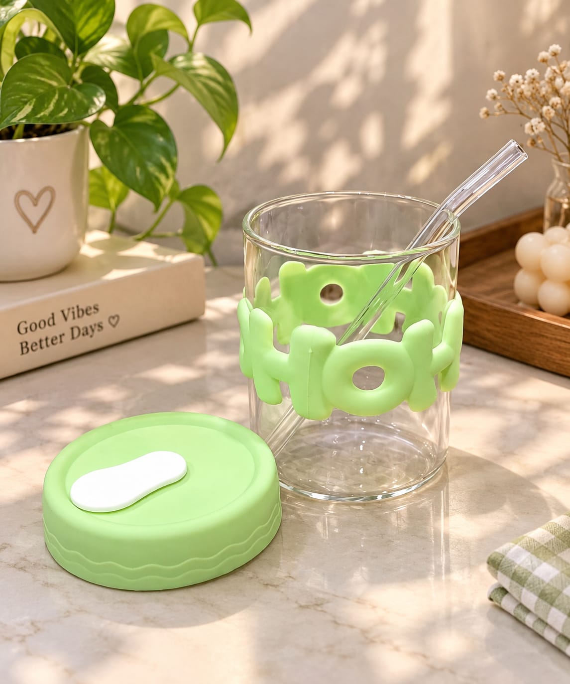 HOHO Glass Sipper with Straw & Lid, Cute Green Cartoon Design Glass Tumbler | Reusable Drinking Cup for Water, Juice, Lemonade, Cold Coffee & Smoothies | Stylish Drinkware for Home, Office & Travel