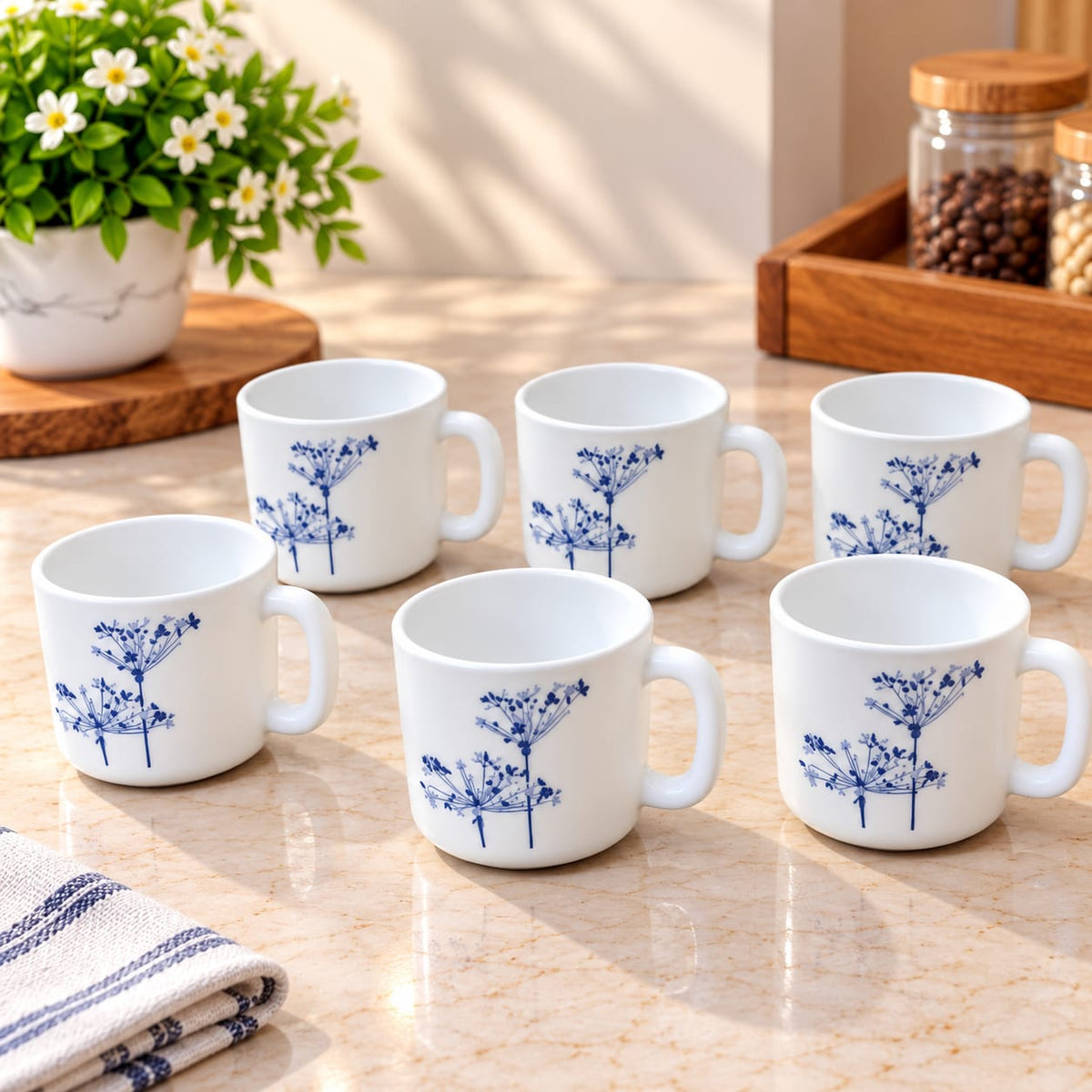 La Opala Aqua Spray Cup Set of 6, 120 ML | Elegant Blue Floral Printed Tea & Coffee Cups | White Ceramic Cups for Home, Office & Gifting
