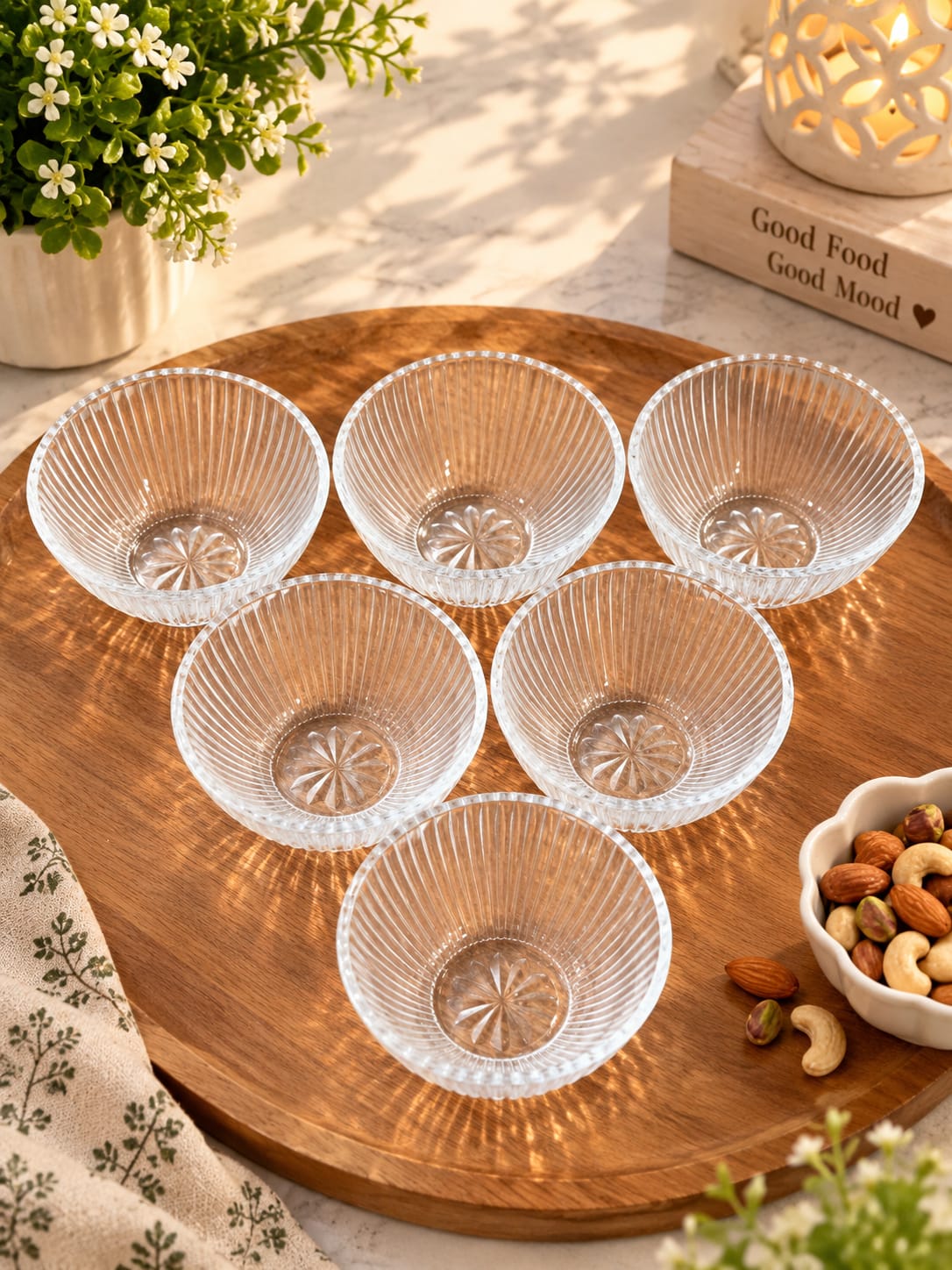 Dessert Glass Bowls Set of 6 | Fluted Ribbed Floral Pattern Glass Bowls with Decorative Flower Base | Elegant Ice Cream Dessert Serving Bowls for Pudding, Mousse, Fruits, Custard, Sweets & Snacks