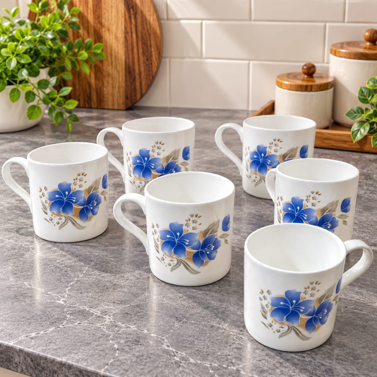 BHARAT Cup Set 6 Pcs King 180 ML | Stylish White Tea & Coffee Cups with Blue Floral Design | Premium Cup Set for Home, Office & Gifting