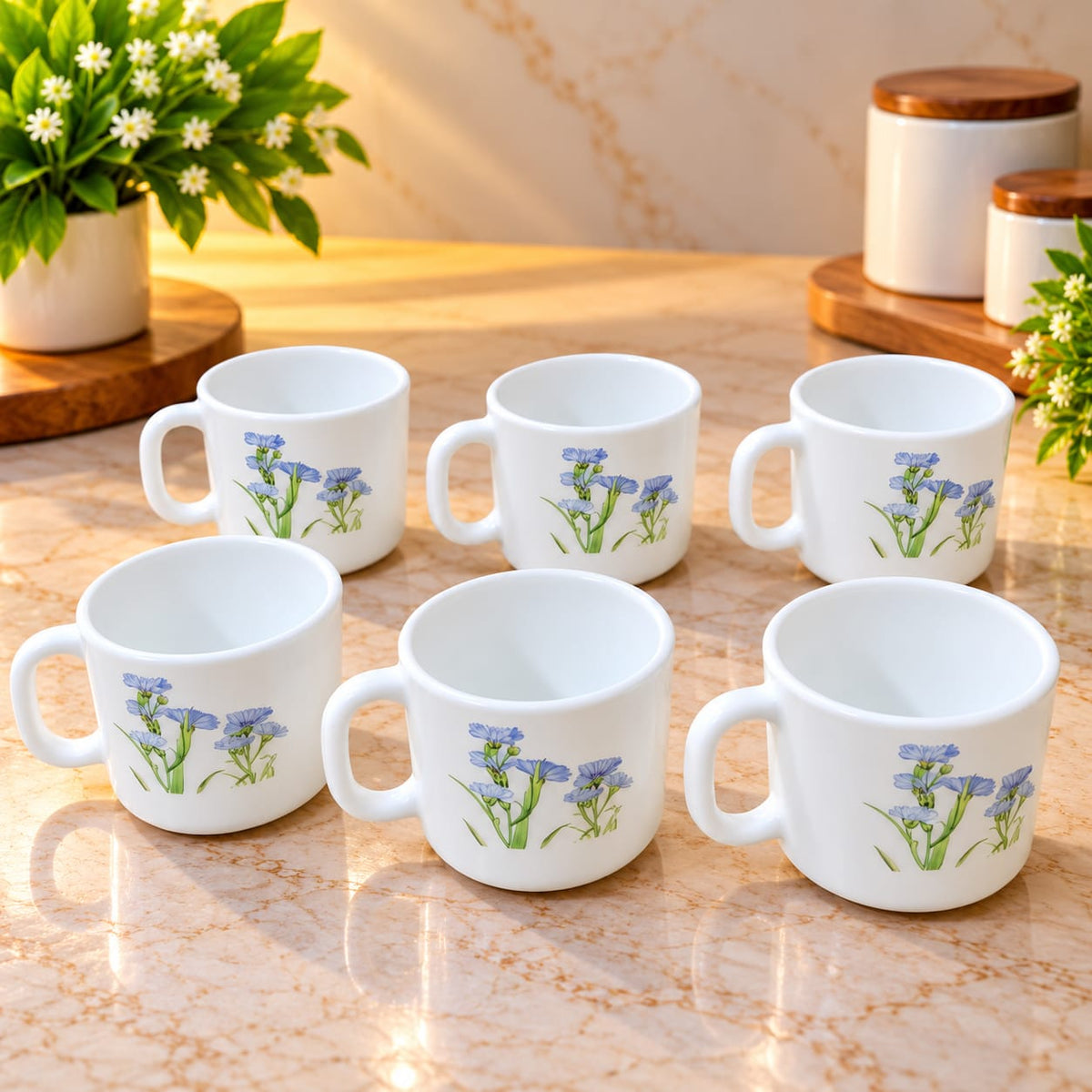 La Opala Blue Florets Cup Set of 6 | 120 ML Small Tea & Coffee Cups | Elegant Floral Printed Cups for Home, Office & Gifting