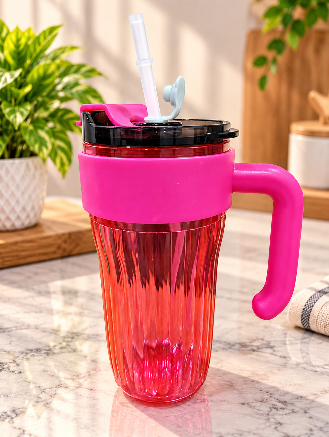 Coffee Cup Pack of 1 | Pink Ribbed Glass Coffee Mug with Handle, Lid & Straw | Stylish Glass Tumbler for Hot & Cold Coffee, Tea, Milkshake, Juice & Beverages
