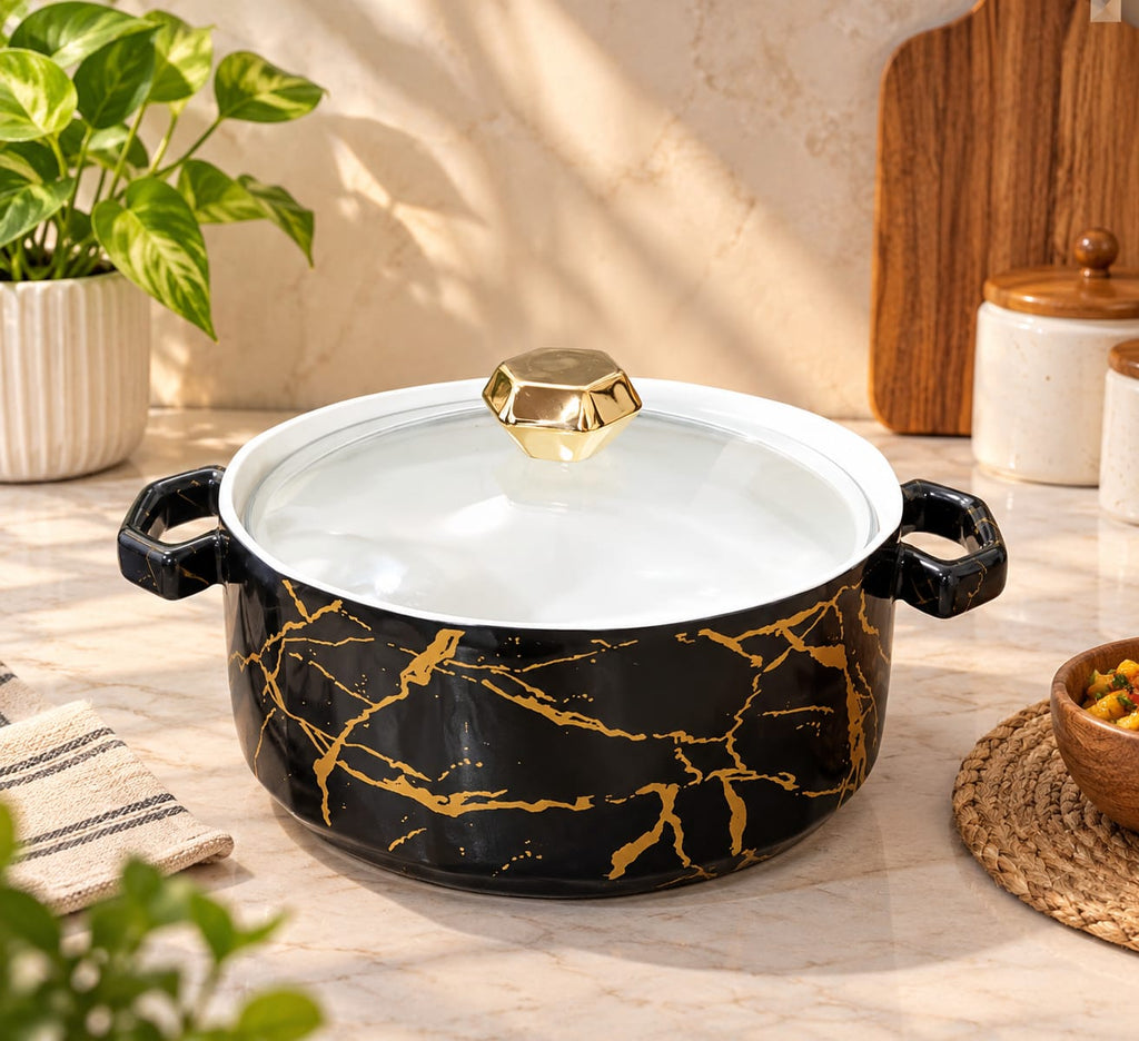 Ceramic Casserole with Glass Lid & Handles | Elegant Black Marble Design Serving & Storage Casserole Dish | Kitchen Hot Pot for Rice, Curry, Dal, Biryani, Pasta & Snacks | Stylish Table Serving Dish