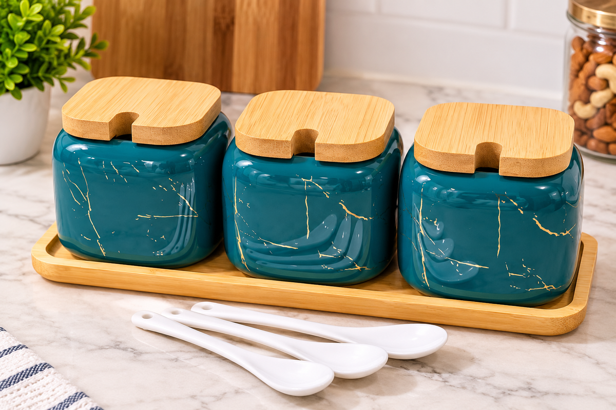 Barniwala Green Ceramic Spice Jar Set of 3 with Bamboo Lids & Serving Spoons | Premium Kitchen Masala Storage Containers | Stylish Spice Jars for Salt, Pepper, Turmeric, Chilli, Herbs & Seasonings