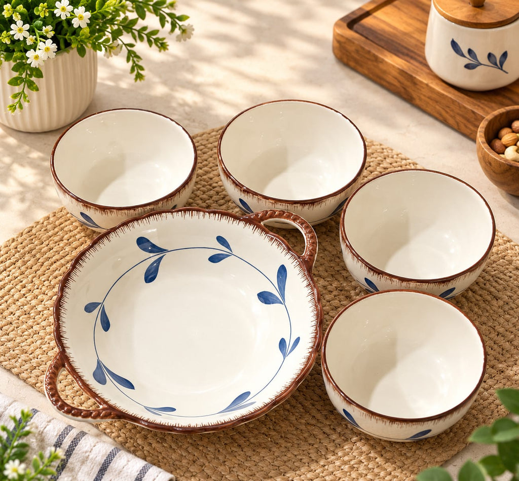 Coral Series Ceramic Bowls & Spoons Set of 9 | Elegant Blue Leaf Pattern Tableware Set | 4 Ceramic Serving Bowls with 4 Spoons & 1 Serving Dish | Breakfast, Snacks, Dessert, Soup & Everyday Dining Set