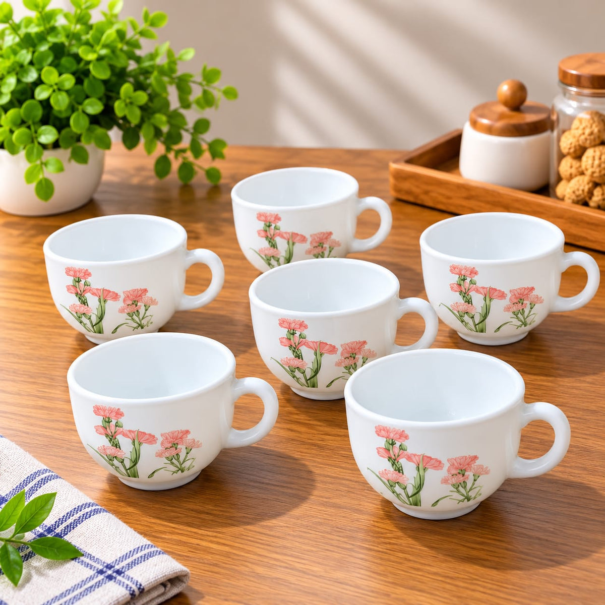 La Opala Pink Florets Cup Set of 6, 100 ML Each | White Floral Printed Tea Cups | Elegant Pink Flower Design | Small Tea, Coffee & Serving Cups