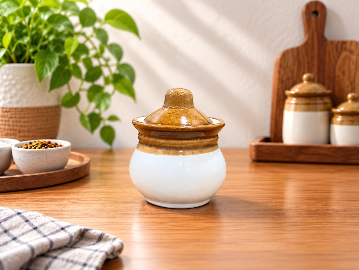 Barniwala 150 ML Ceramic Handi Lota Storage Jars  with Lids Pack of 6 | Mini Traditional Kitchen Containers for Pickle, Achar, Spices, Sugar, Tea, Coffee, Dry Fruits & Snacks | Decorative Pantry Organizer & Food Storage Jars
