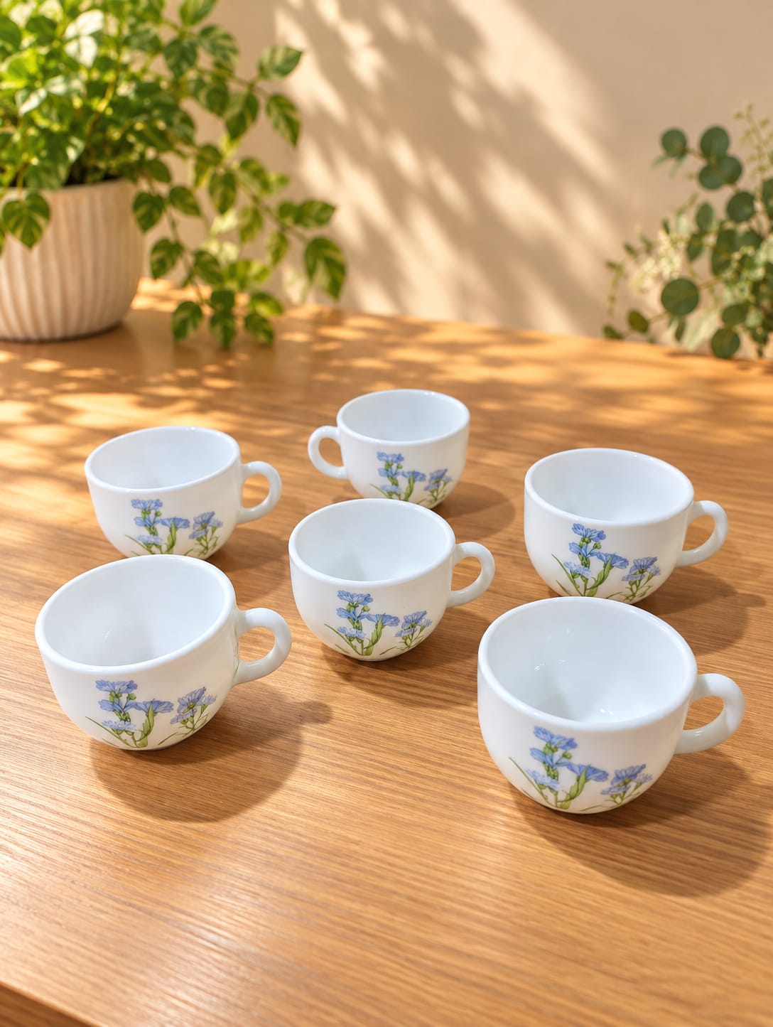 La Opala Blue Florets Cup Set of 6 | 100 ml Small Tea & Coffee Cups | Elegant Floral Design | Premium Opalware Tableware