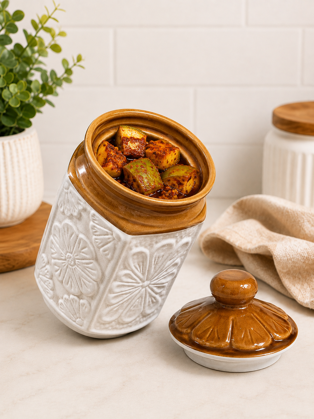 Barniwala 2000 ML Ceramic Carving Storage Jar with Lid | Premium Decorative Kitchen Container for Pickle, Achar, Spices, Sugar, Tea, Coffee, Dry Fruits & Snacks | Stylish Pantry Organizer & Food Storage Canister