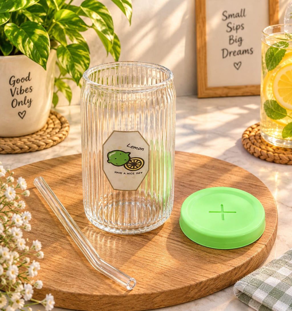 Glass Sipper with Straw, Transparent Ribbed Glass Water Bottle with Green Lid | Reusable Drinking Cup for Juice, Water, Lemonade, Cold Coffee & Beverages | Stylish Home, Office & Travel Drinkware
