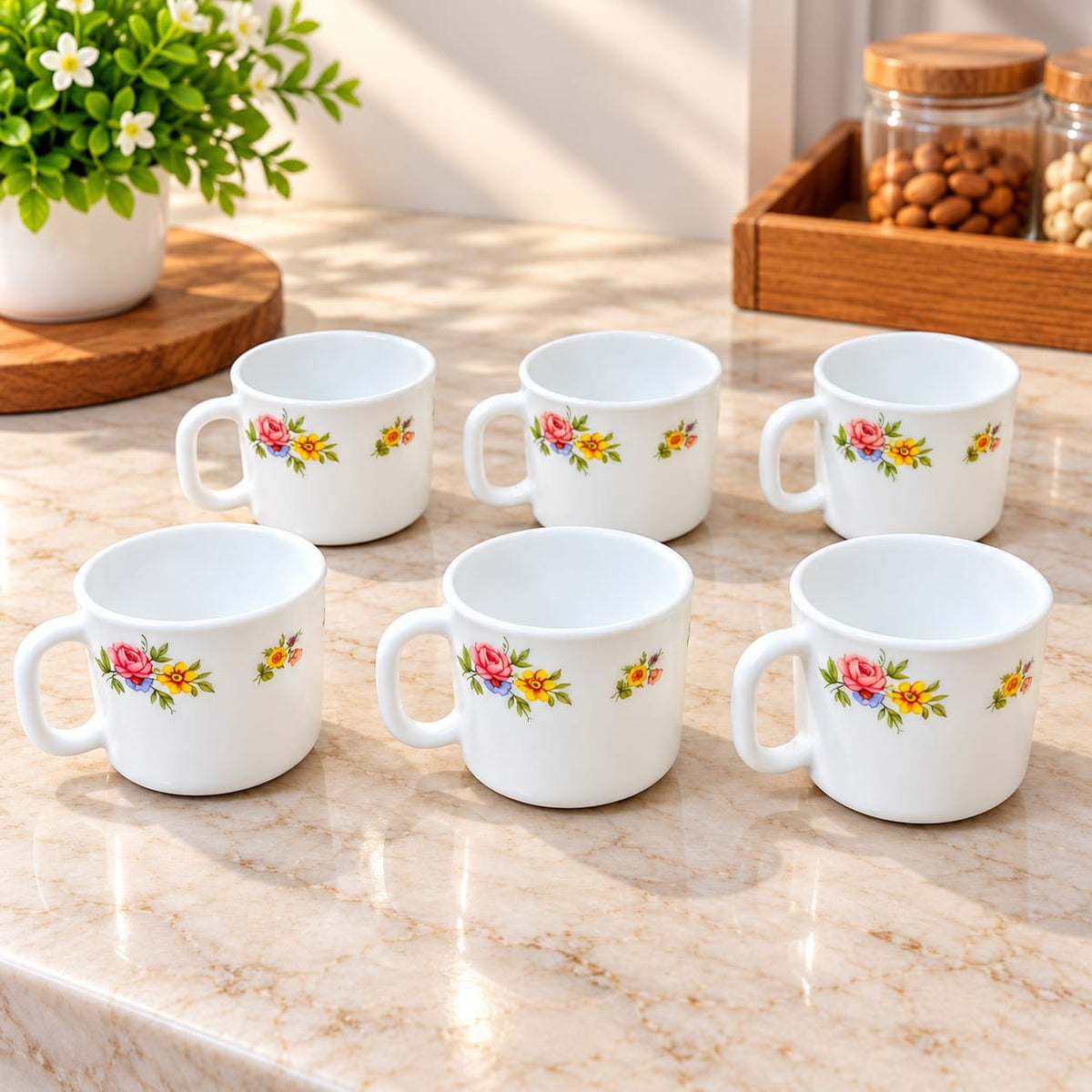 La Opala Patite Roses Cup Set of 6, 120 ML | Elegant Floral Design Tea & Coffee Cups | White Ceramic Look Tableware for Home, Office & Gifting