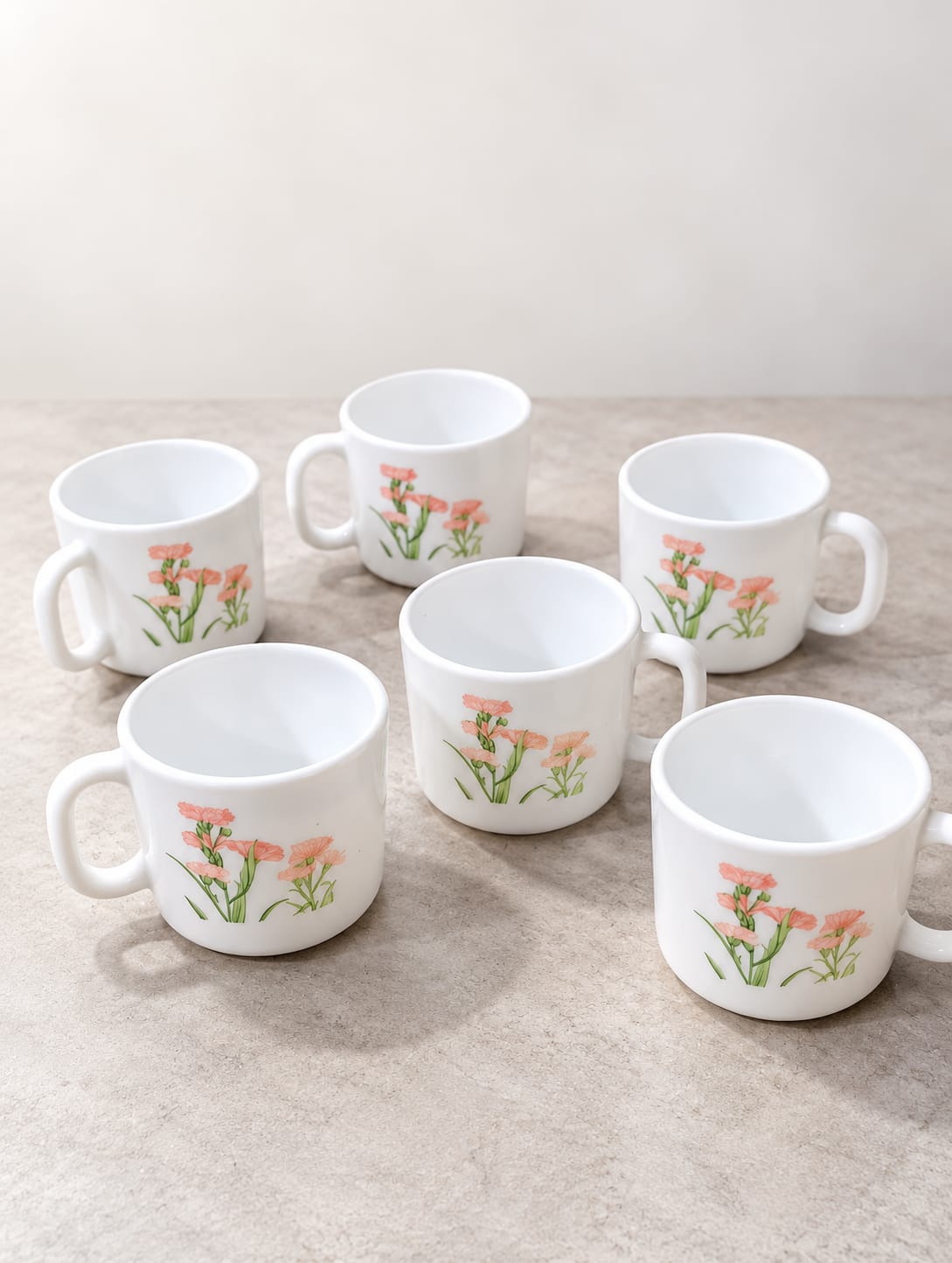 La Opala Pink Florets Cup Set of 6, 120 ML Each | White Floral Printed Tea & Coffee Cups | Elegant Drinkware Set for Home, Office & Gifting