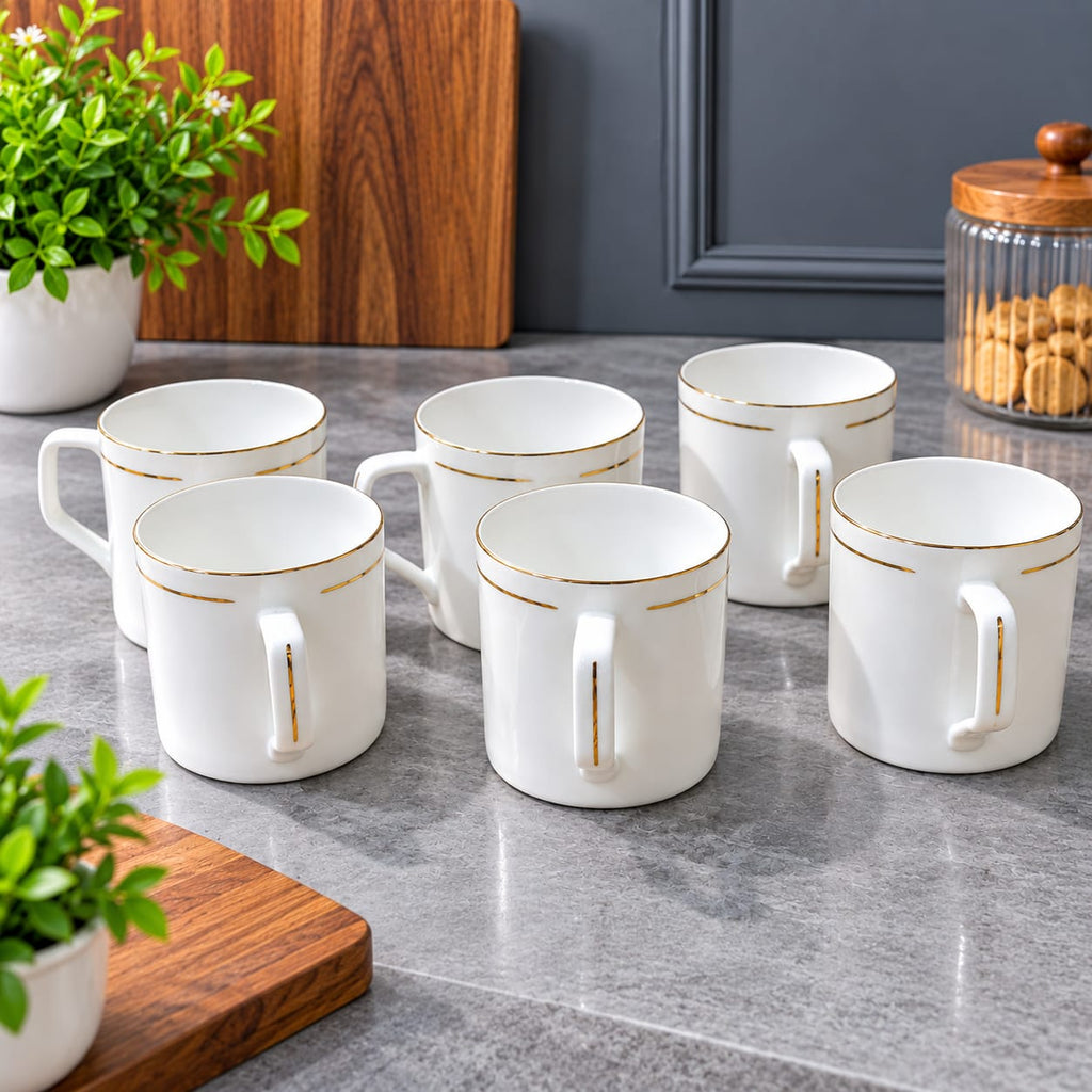BHARAT Cup Set of 6 Pcs Director Big – Golgen Line 250 ML | Premium White Tea & Coffee Cups with Golden Border | Stylish Cup Set for Home, Office & Gifting