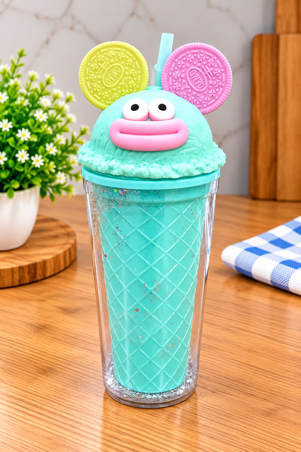 Barniwala Ice Cream Sipper Bottle for Kids, Cute Cartoon Character Water Bottle with Straw & Fun Lid, Reusable Drinking Bottle for School, Travel & Home