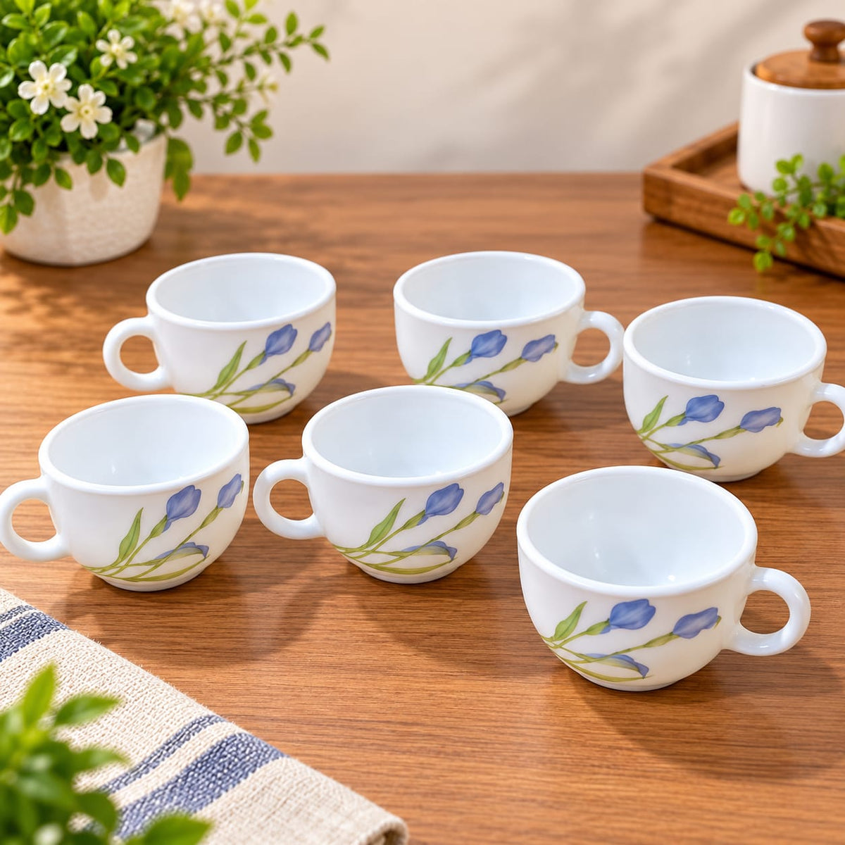 La Opala Tender Trio Cup Set of 6 Pieces, 100 ML Each | White Opalware Tea & Coffee Cups with Elegant Blue Floral Design