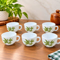 La Opala Trinty Green Cup Set of 6, 100 ML Each, White Cups with Green Leaf Design for Tea, Coffee, Home & Gifting