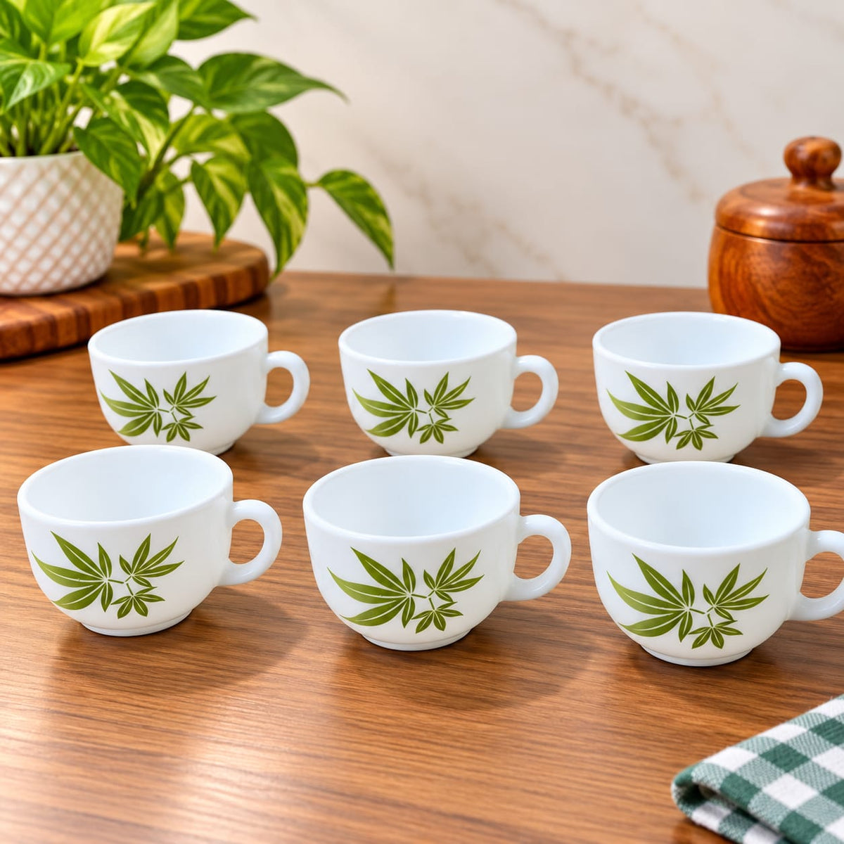 La Opala Trinty Green Cup Set of 6, 100 ML Each, White Cups with Green Leaf Design for Tea, Coffee, Home & Gifting