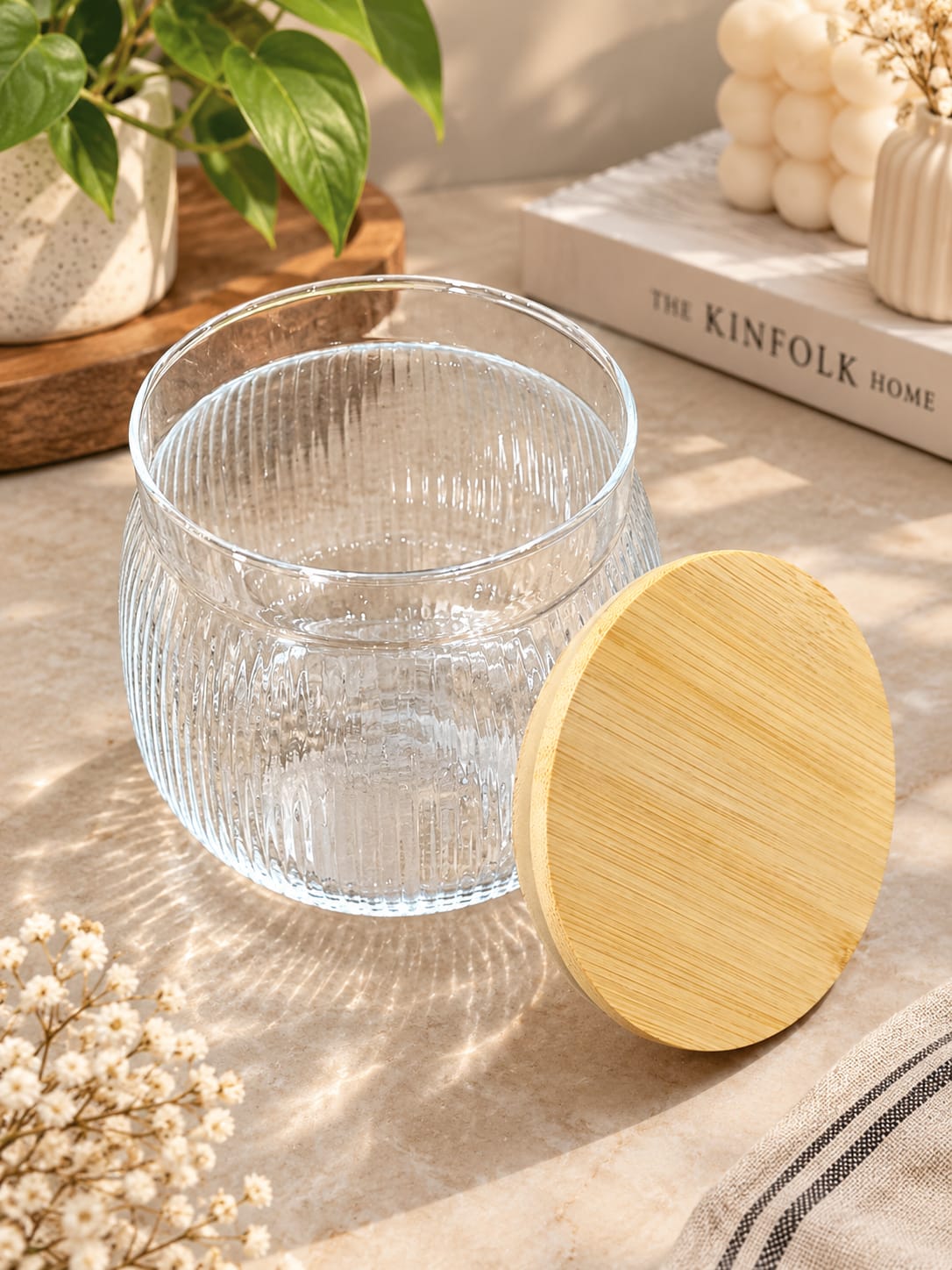 Glass Storage Jar with Bamboo Lid pack of 1 | Ribbed Textured Glass Container | Premium Kitchen Storage Jar for Dry Fruits, Nuts, Spices, Sugar, Tea, Coffee & Snacks