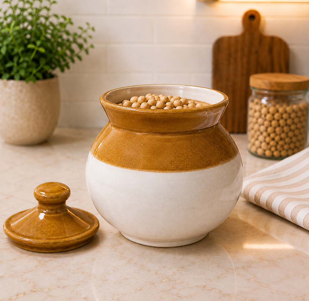 Barniwala 500 ML Ceramic Handi Lota Storage Jar with Lid | Traditional & Decorative Kitchen Container for Pickle, Achar, Spices, Sugar, Tea, Coffee, Dry Fruits & Snacks | Stylish Pantry Organizer & Food Storage Canister
