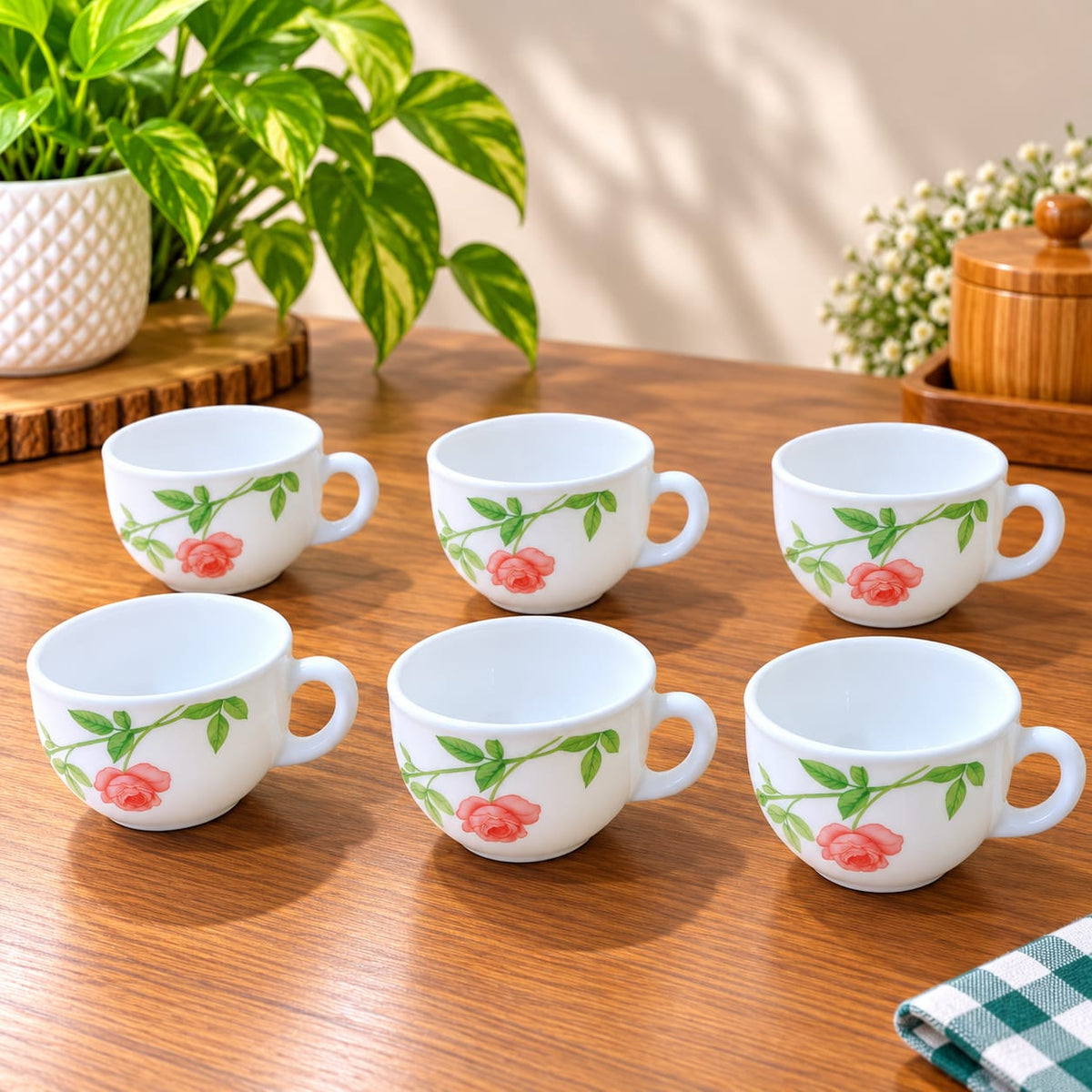 La Opala Rose Garden Cup Set of 6, 100 ML Each | White Floral Tea Cups with Pink Rose Design | Elegant Small Cups for Tea, Coffee & Serving