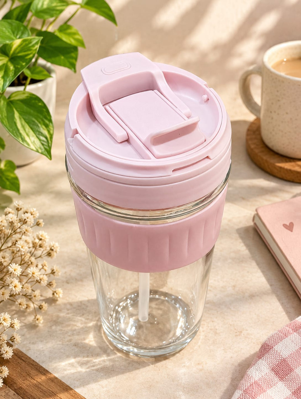 Blush Pink Glass Tumbler Pack of 1 | Premium Glass Sipper Cup with Flip Lid & Straw | Stylish Drinking Cup for Water, Juice, Cold Coffee, Milkshake, Smoothies & Mocktails