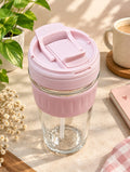 Blush Pink Glass Tumbler Pack of 1 | Premium Glass Sipper Cup with Flip Lid & Straw | Stylish Drinking Cup for Water, Juice, Cold Coffee, Milkshake, Smoothies & Mocktails