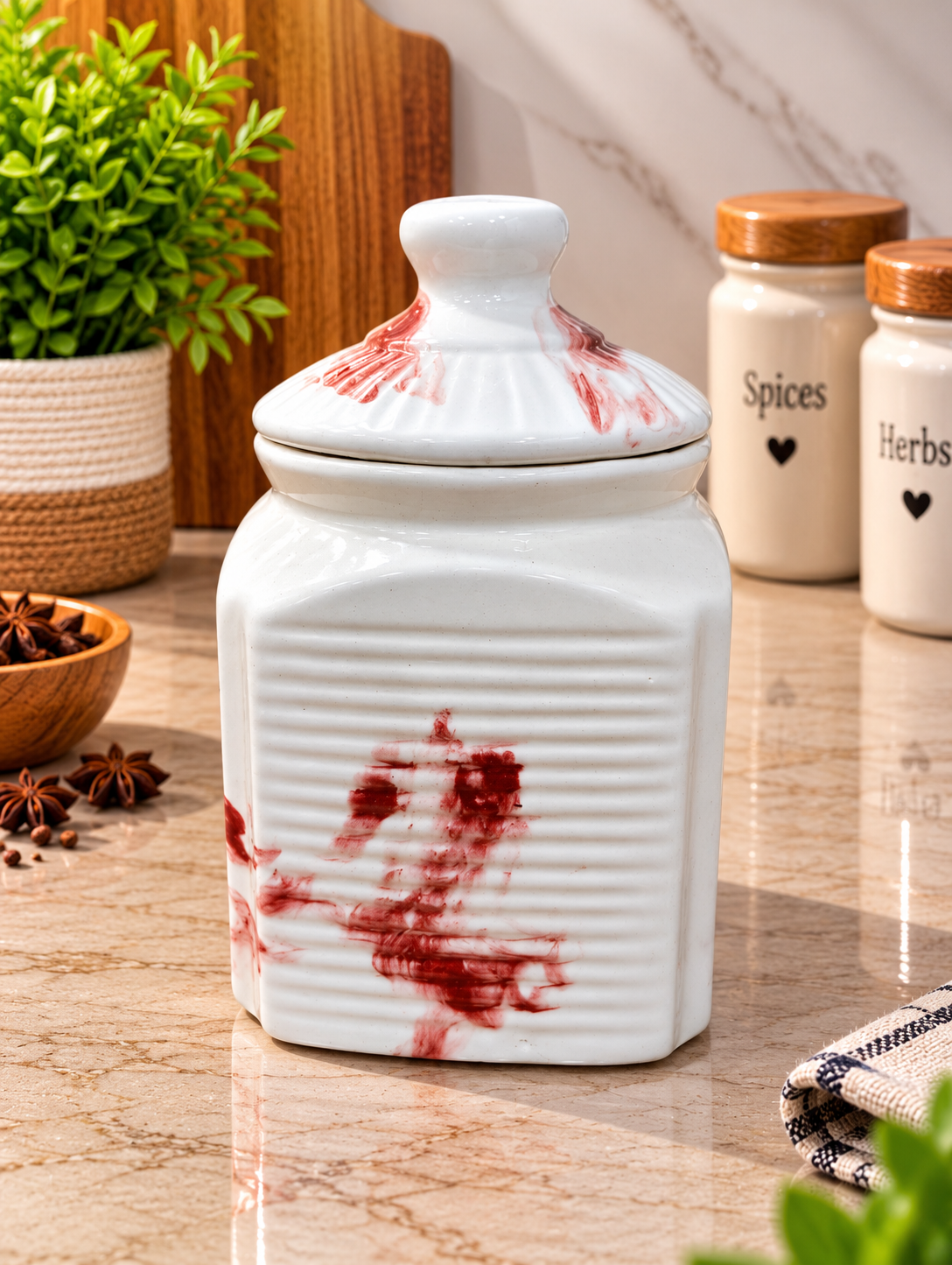 Barniwala 500 ML Ceramic Cutting Storage Jar with Lid | Decorative Kitchen Canister for Dry Fruits, Snacks, Spices, Pickle, Tea & Coffee | Elegant Ceramic Pantry Storage Container | Stylish Kitchen Organizer
