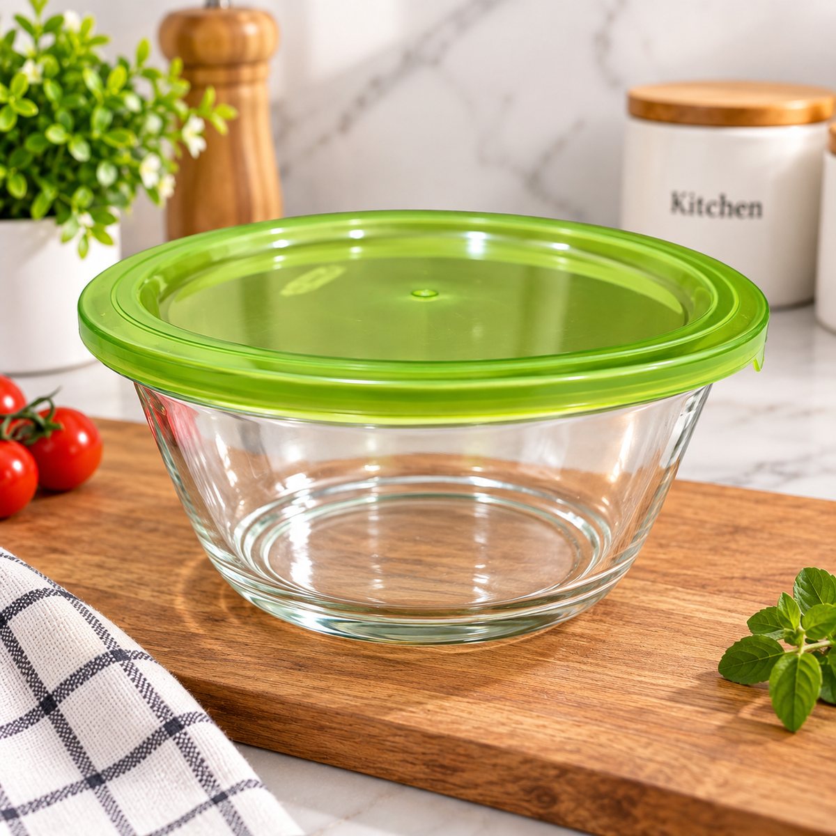 Barniwala Glass Bowl with Green Airtight Lid, 1 Pc | Transparent Kitchen Storage Container for Dry Fruits, Nuts, Snacks, Fruits, Leftovers & Food | Multipurpose Refrigerator & Pantry Organizer