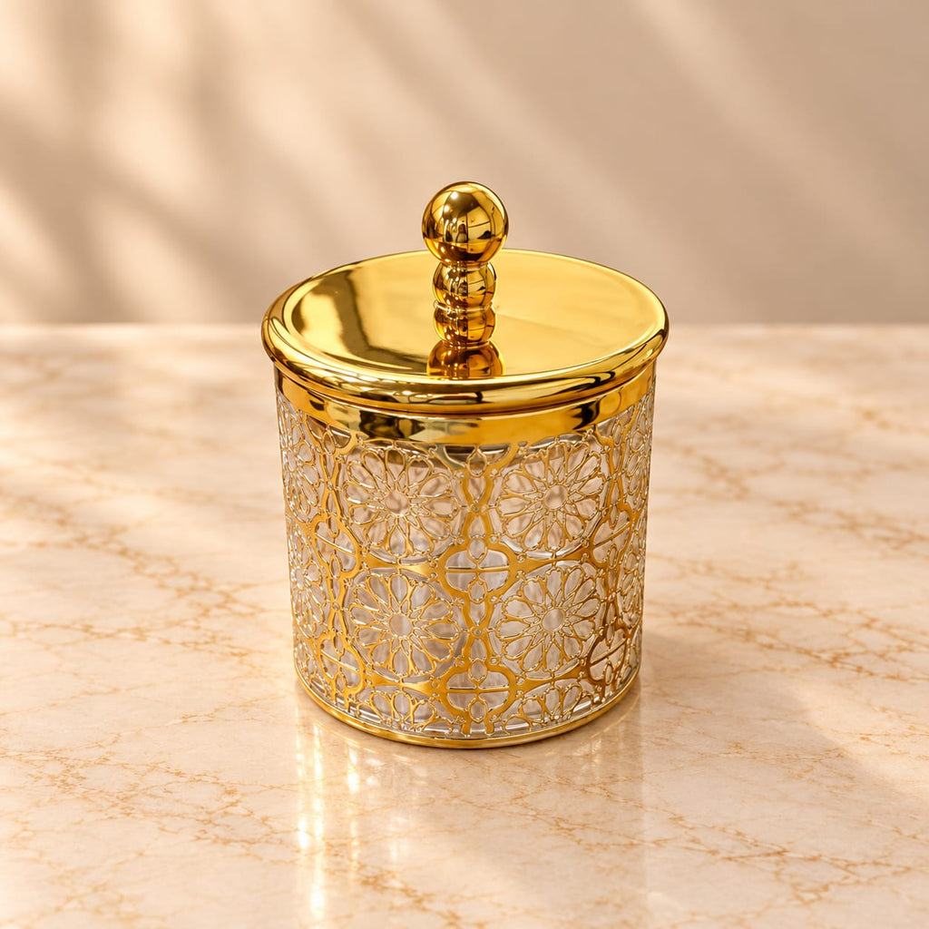Deluxe Moroccan Geometric Pattern Decorative Canister with Lid | 550 ML | Elegant Gold Finish Storage Container for Kitchen, Home & Décor