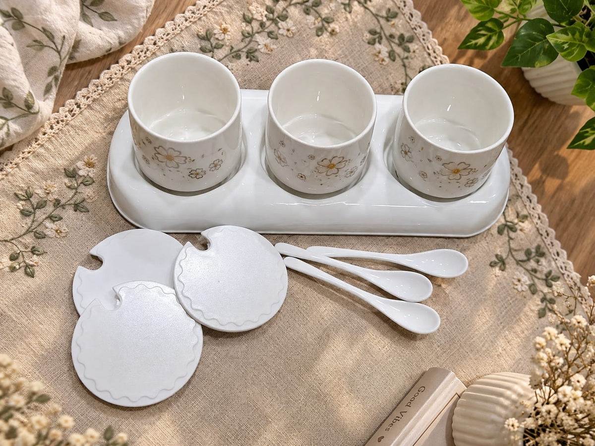 Barniwala Ceramic Storage Jars with Lids, Pack of 3 | Premium Floral Kitchen Containers with Serving Tray & Spoons | Multipurpose Spice, Dry Fruit, Sugar, Tea, Coffee & Snack Storage Set