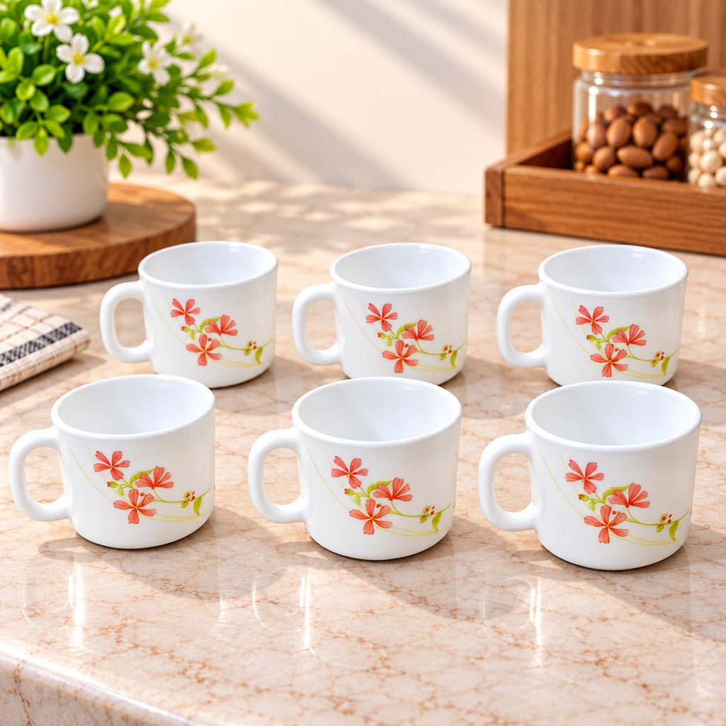 La Opala Coral Charm Cup Set of 6 | 120 ML Floral Printed Coffee & Tea Cups | Elegant White Opalware Cups for Home, Office & Gifting