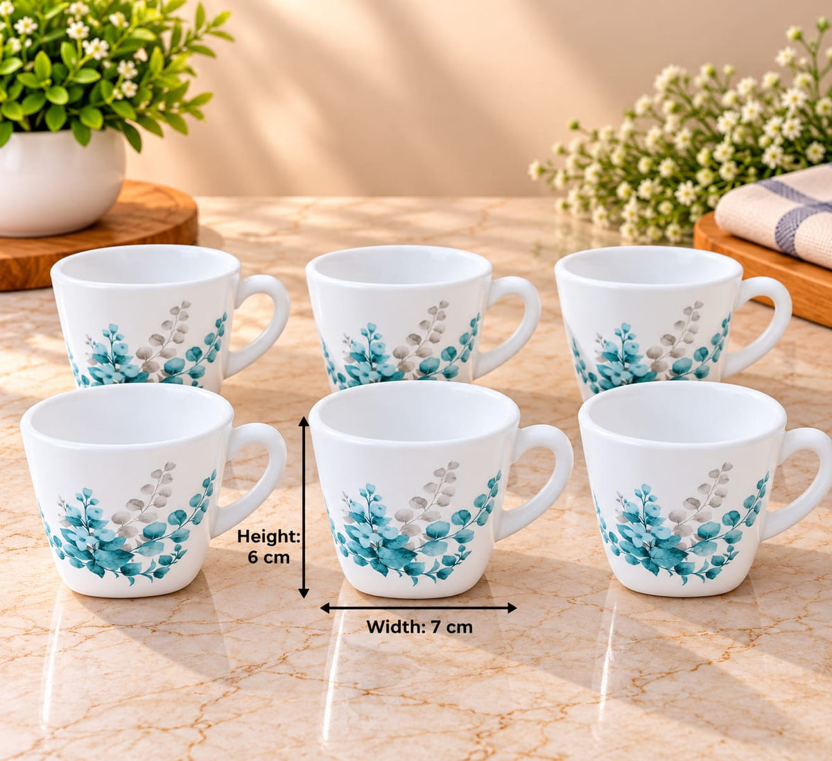 Cello Vogua Aqua Leaves Cups Set of 6, 100 ml Small Tea & Coffee Cups with Elegant Floral Design for Home, Office & Gifting