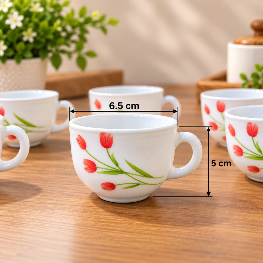 La Opala Radiant Curves Cup Set of 6, 100 ML Each | Premium White Cups with Red Floral Design | Elegant Tea & Coffee Cups for Home and Office