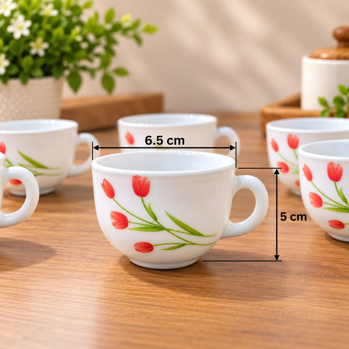 La Opala Radiant Curves Cup Set of 6, 100 ML Each | Premium White Cups with Red Floral Design | Elegant Tea & Coffee Cups for Home and Office
