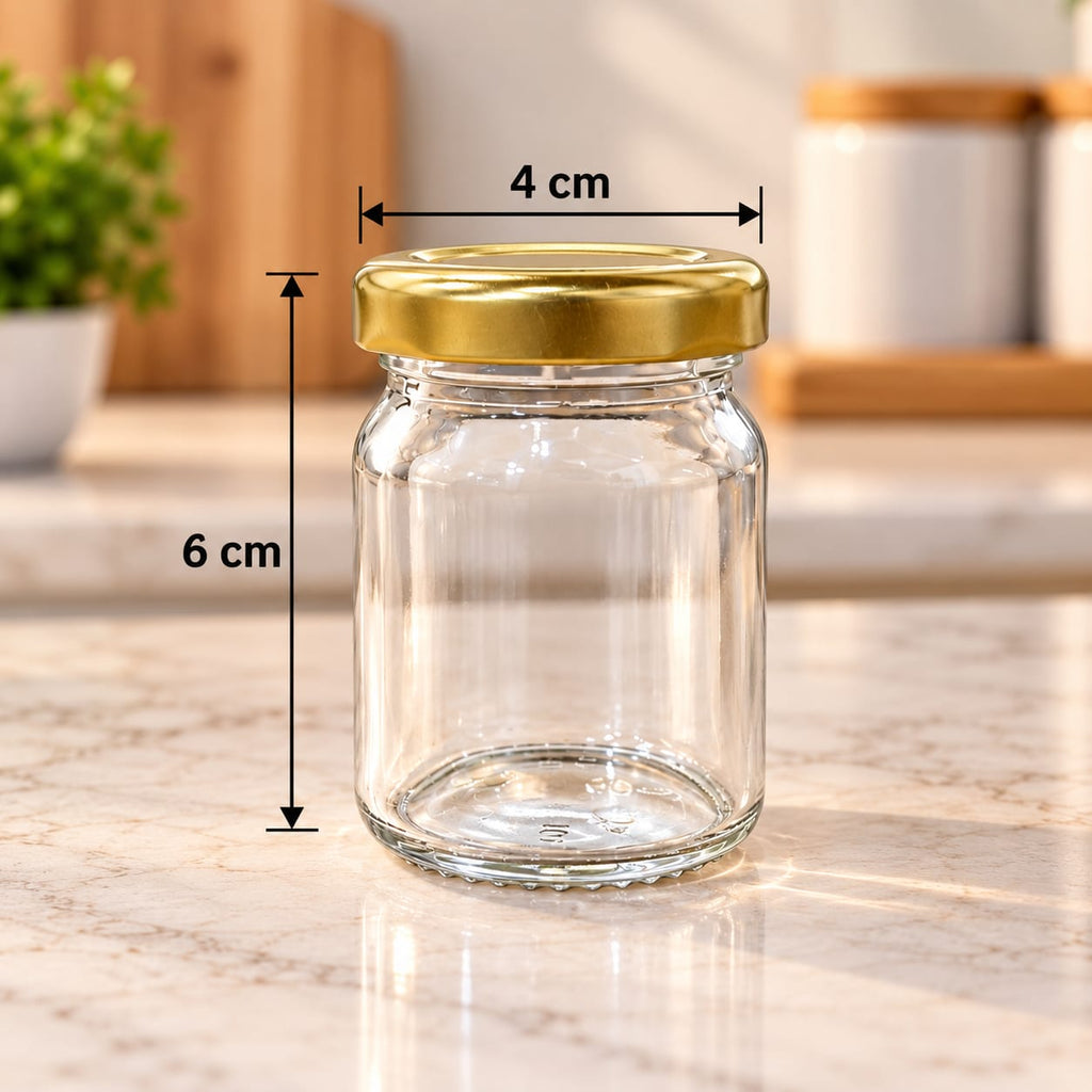Cylindrical Glass Jar 60 ML with Golden Metal Lid, Set of 12 | Small Clear Glass Storage Jars for Spices, Dry Fruits, Pickles, Honey & Kitchen Storage