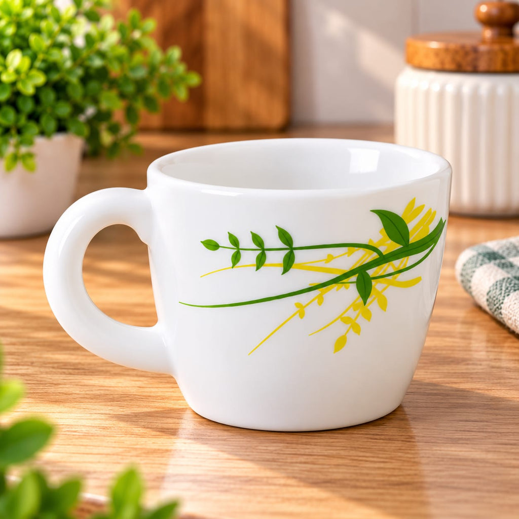 LARAH Green Herbs Cup Set of 6 | 100 ML Small  Coffee & Tea Cups | White Cups with Green & Yellow Leaf Design | Elegant Tea Cups for Home, Office & Gifting