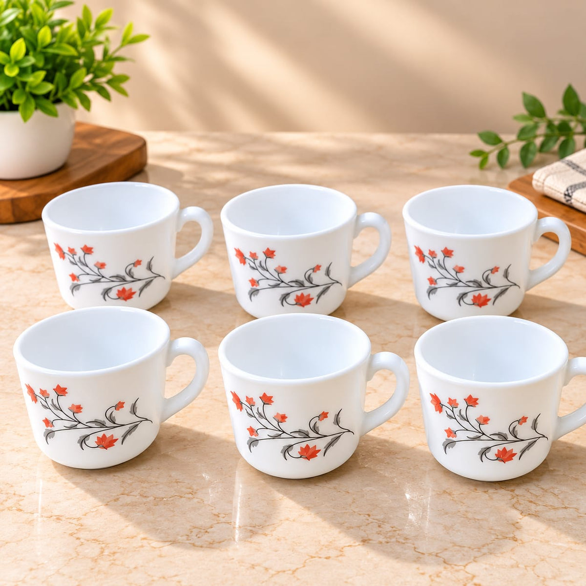 Cello Prince Cup Red Grapevine Printed Ceramic Cups Set of 6, 130 ml