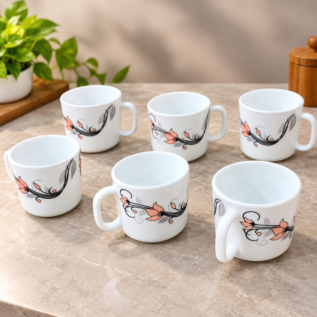 La Opala Scarlet Blooms Cup Set of 6, 120 ml Each, White Floral Design Tea & Coffee Cups