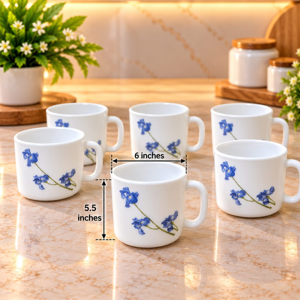La Opala Blue Orchids Cup Set of 6 | 120 ML Floral Printed Tea & Coffee Cups | Elegant White Cups for Home, Office & Gifting